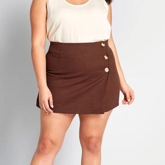 Modcloth Brown Sunny Attitude A-line Faux Wrap Mini Skirt NEW Women's 14 - Picture 1 of 9